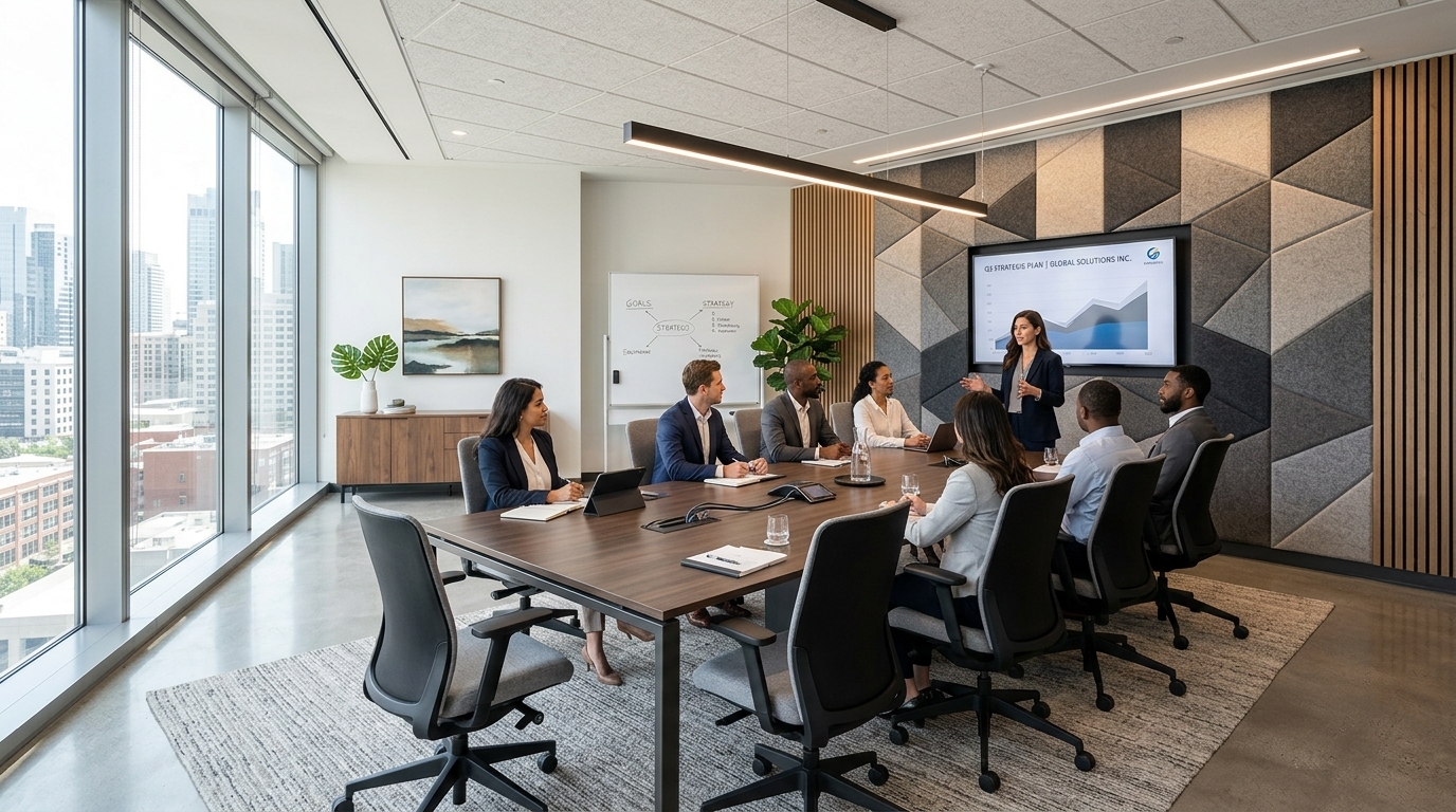 A chic corporate office meeting room with decorative acoustic fabric wall panels
