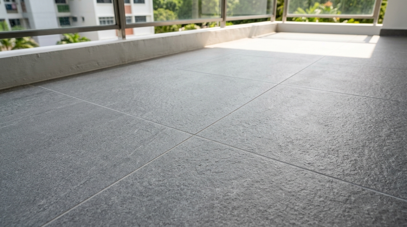 Clean, newly tiled HDB balcony floor showing perfect leveling and grout lines