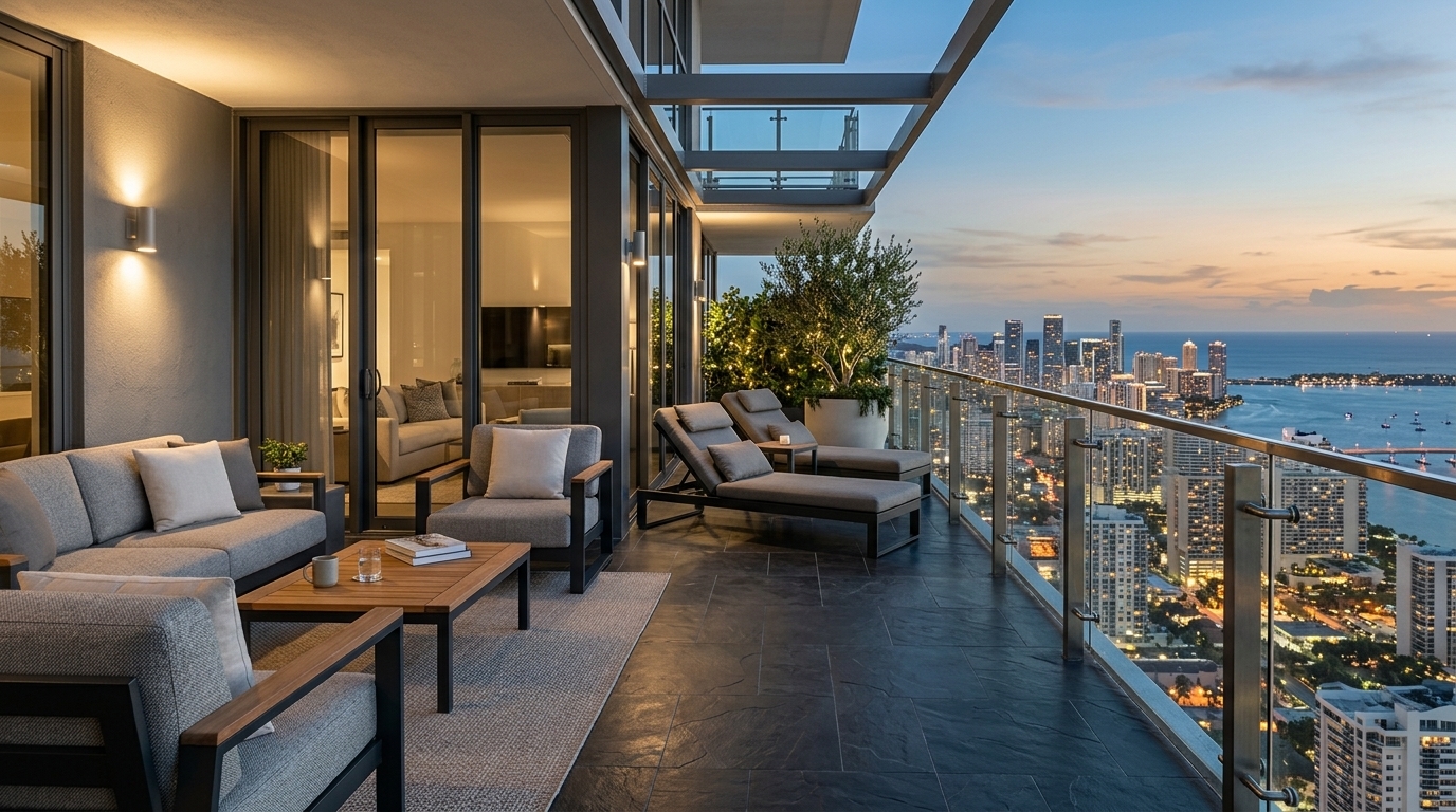 Luxurious outdoor balcony with dark slate texture tiles