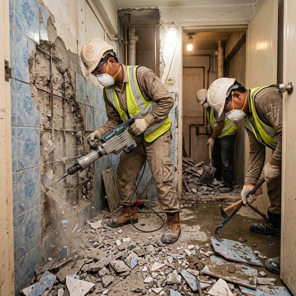 Workers Hacking HDB Toilet Tiles Singapore