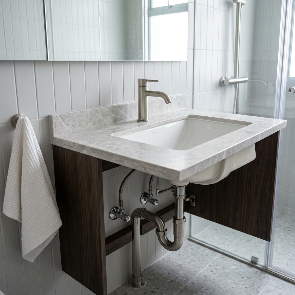 Clean plumbing installation in an HDB bathroom with premium accessories