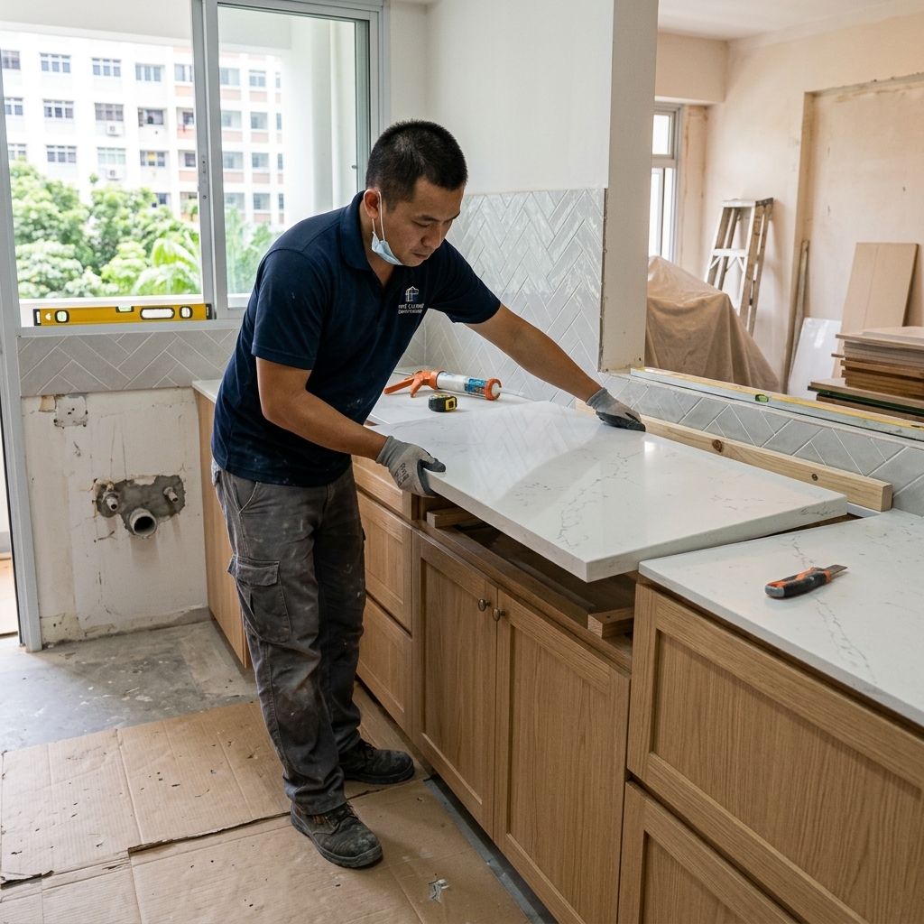 Contractor installing a white quartz countertop in an HDB kitchen