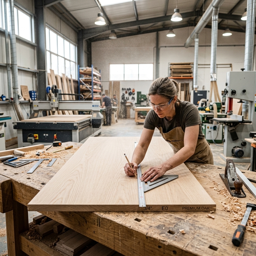 Carpenter measuring E0 plywood in a Singapore direct contractor factory