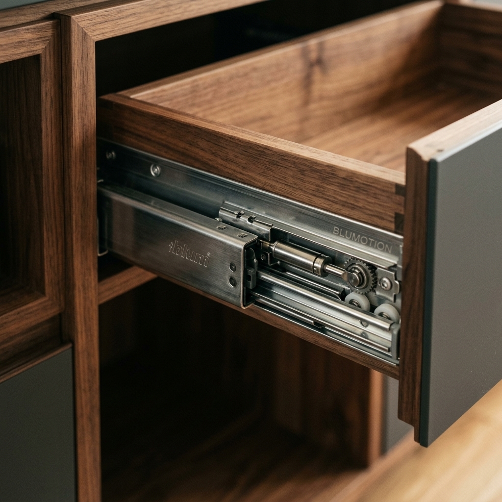 Extreme close up of premium soft close drawer tracks used in bespoke carpentry
