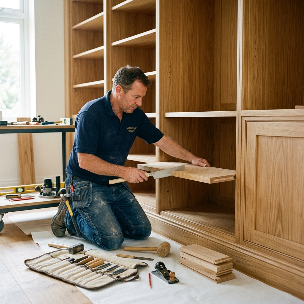Carpenter installing precise custom internal shelving in a bespoke wardrobe