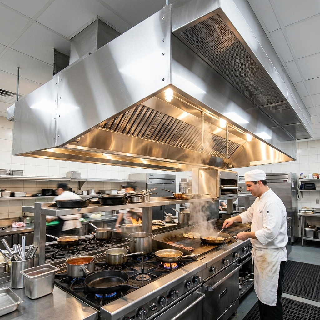 Commercial stainless steel kitchen exhaust hood installation in Singapore restaurant
