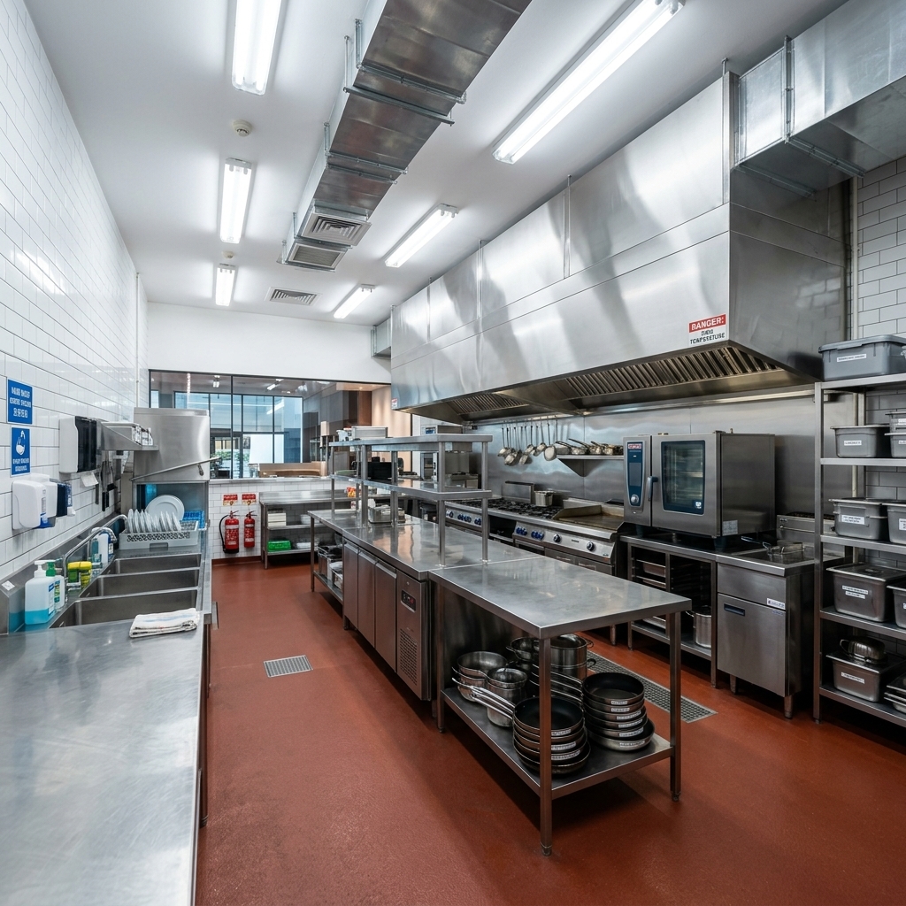 Fully compliant commercial restaurant kitchen ready for NEA inspection