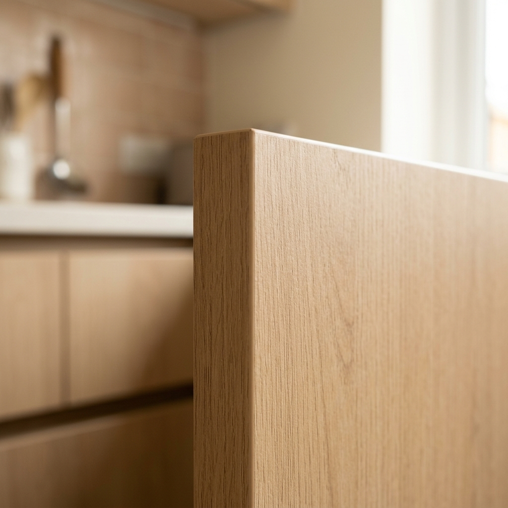 Extreme close-up of a seamless laminate finish on an E0 plywood kitchen cabinet edge, showcasing premium craftsmanship