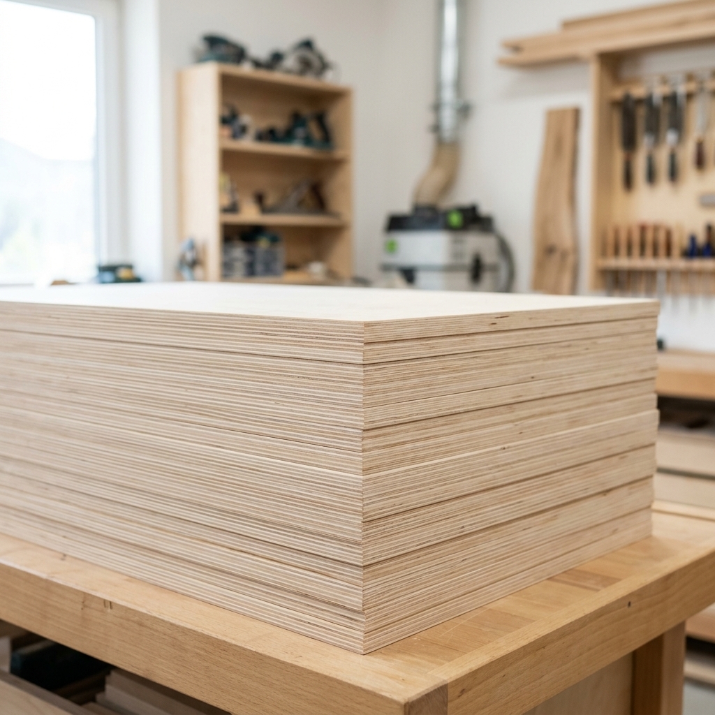 High-quality clean raw E0 plywood boards stacked neatly in a professional carpentry workshop