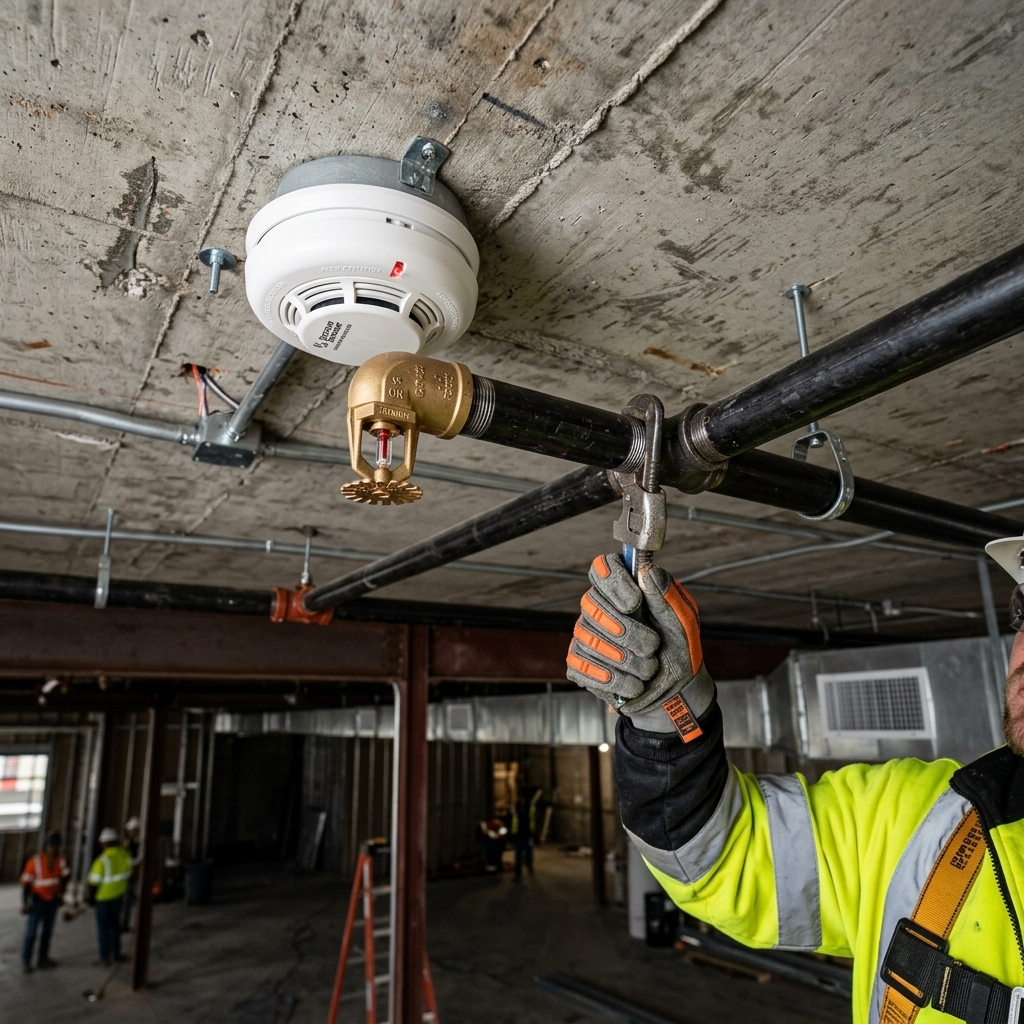 Contractor adjusting fire safety sprinkler for FSSD compliance in commercial reinstatement