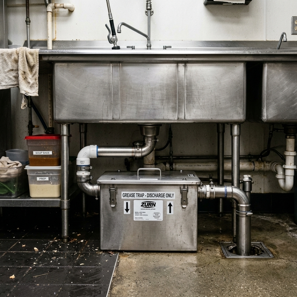 Commercial grease trap interceptor installed under sink in Singapore F&B
