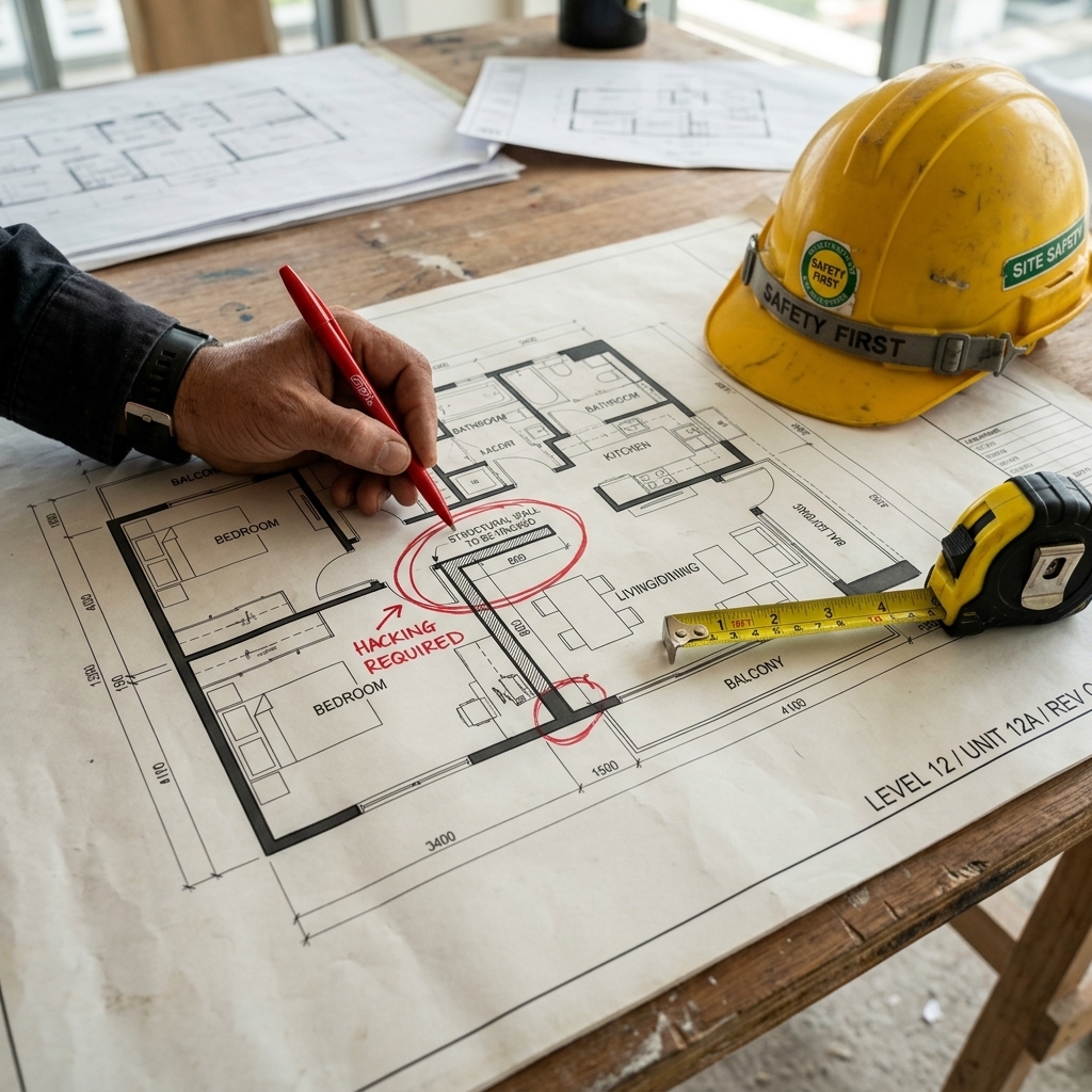 Contractor checking HDB floor plan blueprint for structural walls