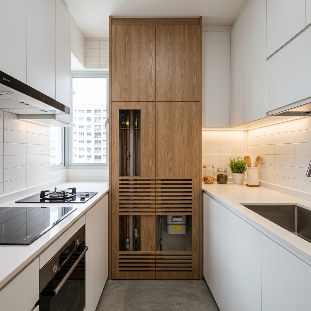 HDB Resale Kitchen Extension: Hacking the Service Yard Wall & Hiding Pipes (2026 Guide) HDB Gas Pipe Concealment Carpentry