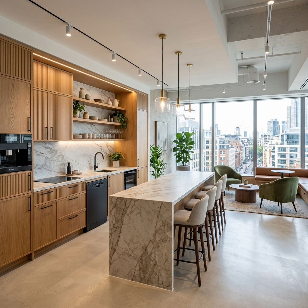 Modern luxury office pantry and breakout area handed over by direct contractor