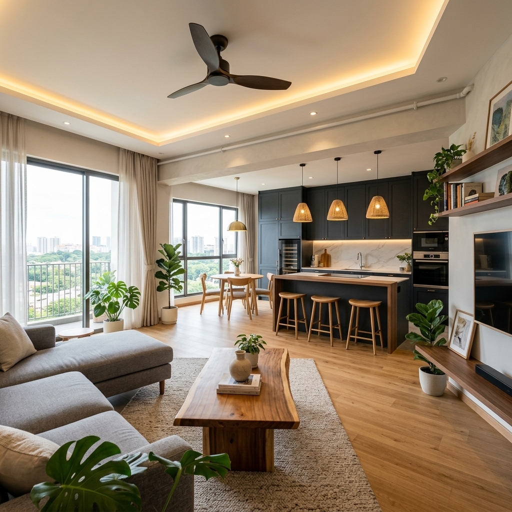 Beautiful open concept HDB living room after wall hacking