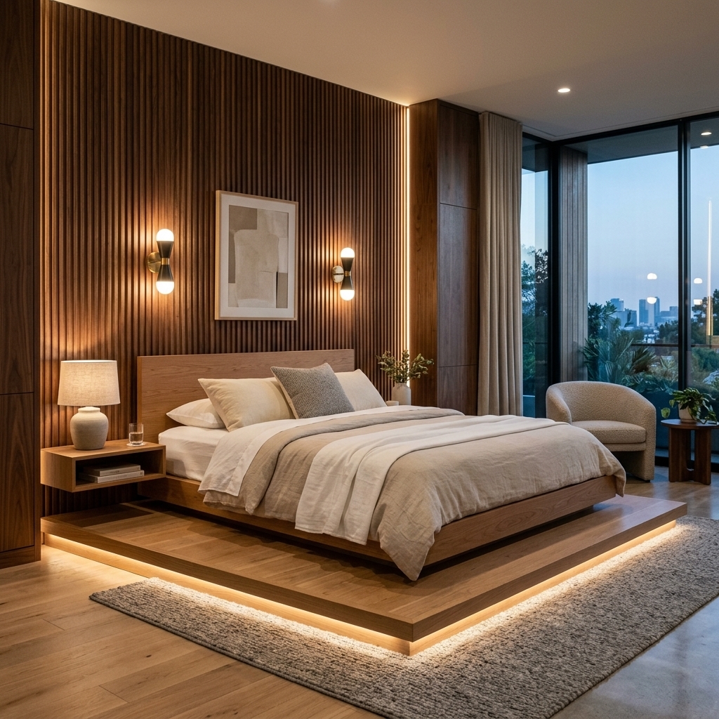 Minimalist bedroom with low platform bed and fluted wall panel