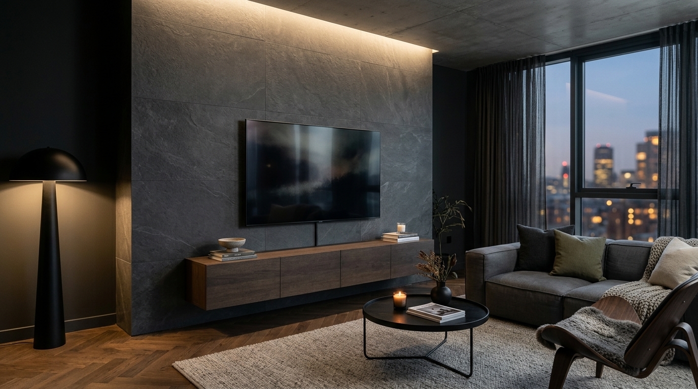 Minimalist modern living room with a dark grey matte sintered stone TV feature wall