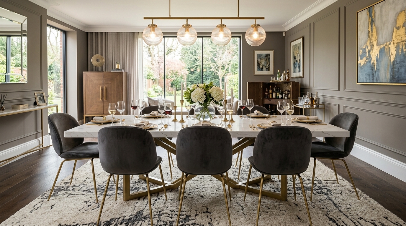 Luxury dining room with a white sintered stone dining table, brass legs
