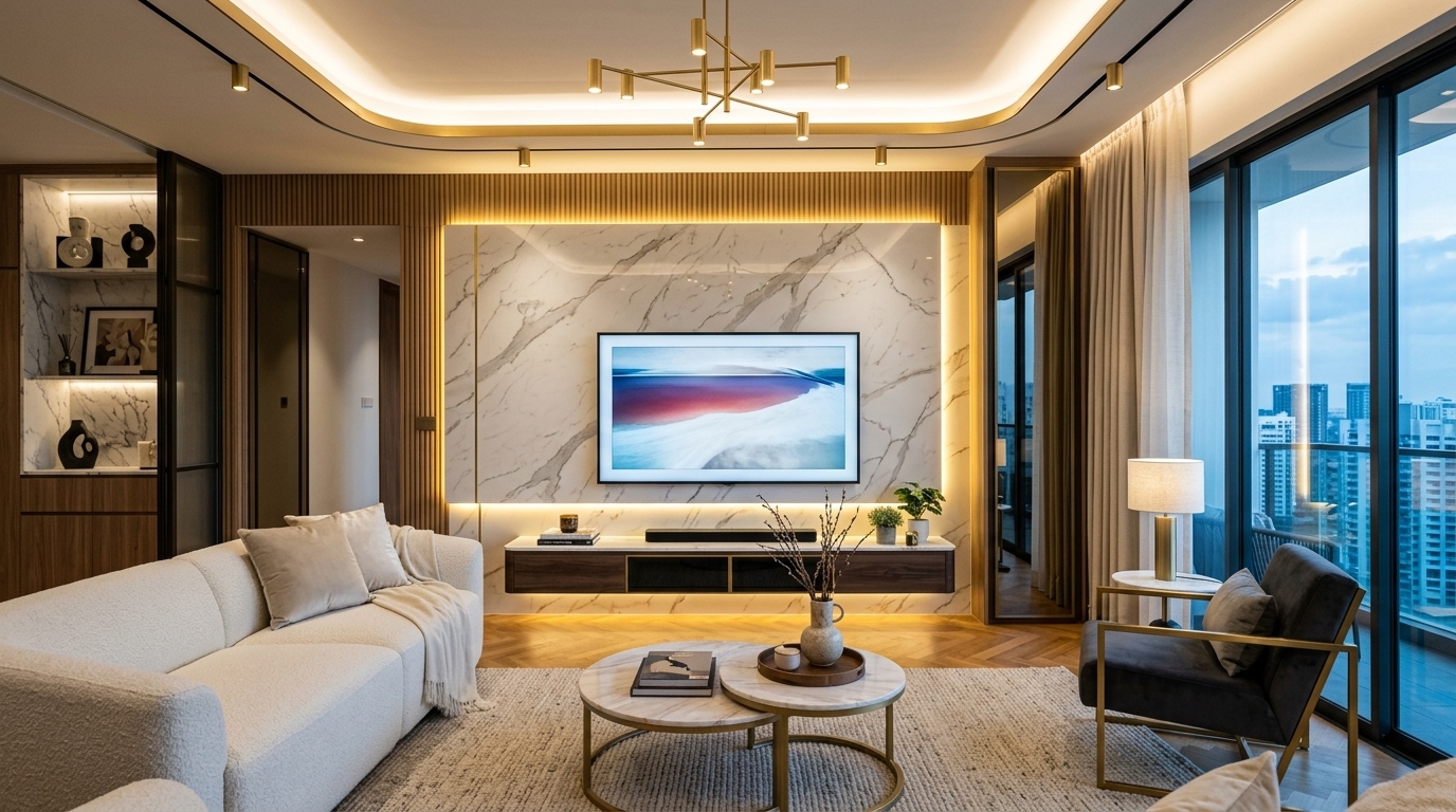Ultra-luxury HDB living room featuring a massive white marble-look sintered stone TV feature wall with golden LED backlights
