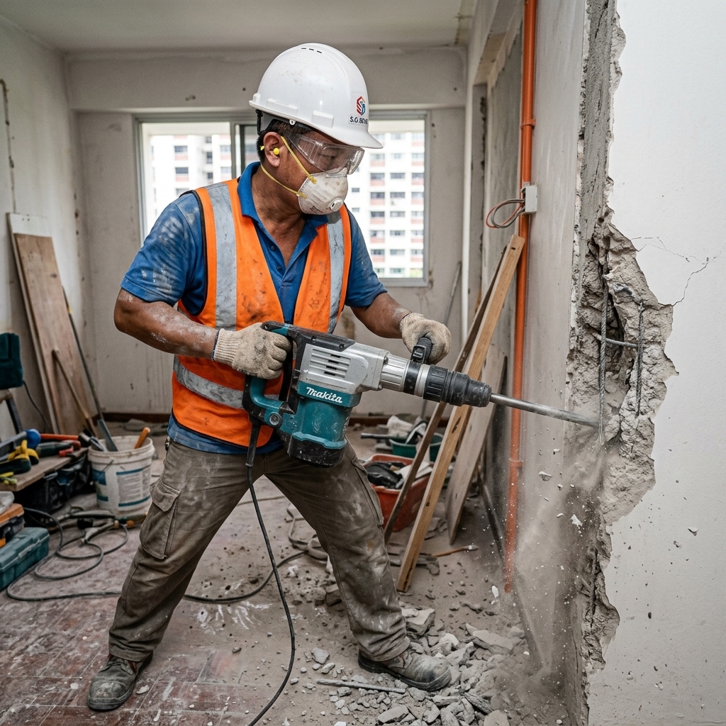 Contractor safely hacking a concrete wall in an HDB flat