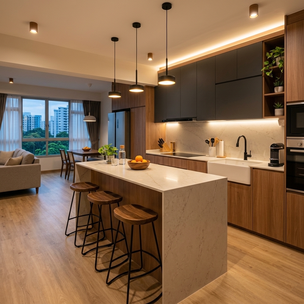 Tengah BTO Open Concept Kitchen Sintered Stone Island