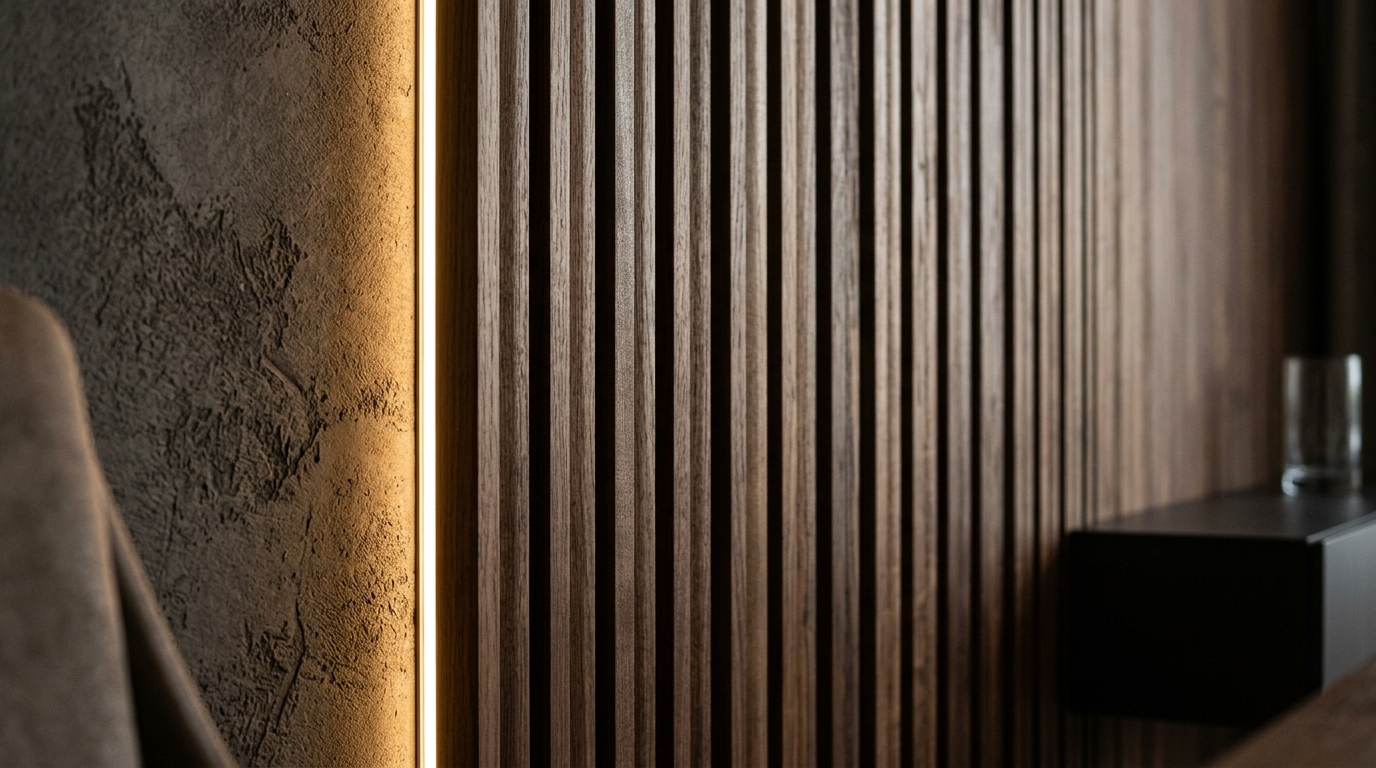 Close-up of premium decorative fluted wall panels with hidden warm LED strip lighting glowing from the edges