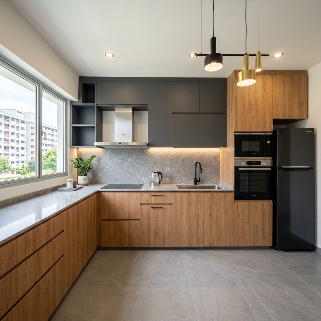 A pristine, modern kitchen with custom carpentry and sintered stone countertops in a Singapore HDB BTO flat, ready for handover