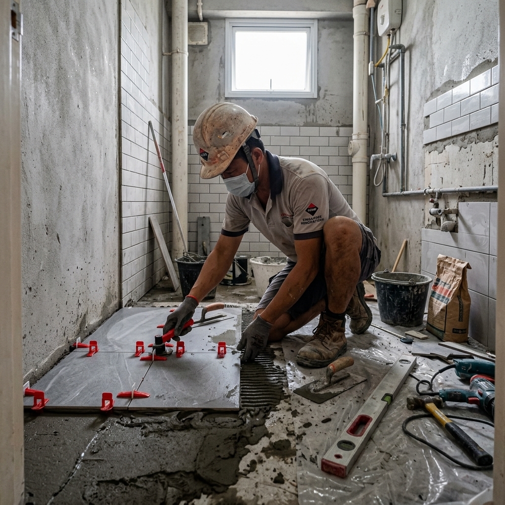 Construction worker performing cement screed and tile leveling in an HDB BTO bathroom