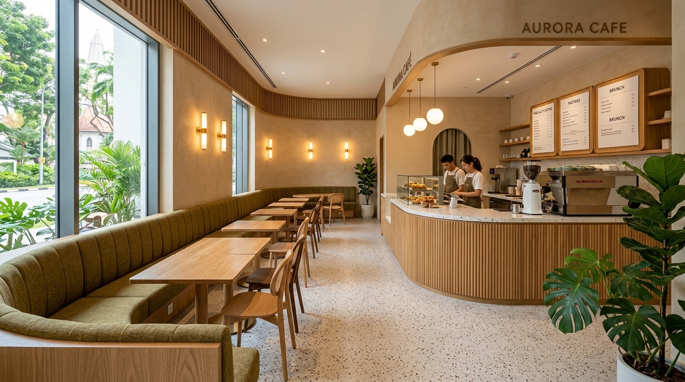 Completed modern cafe interior renovation with custom curved banquette seating and coffee bar handover Singapore