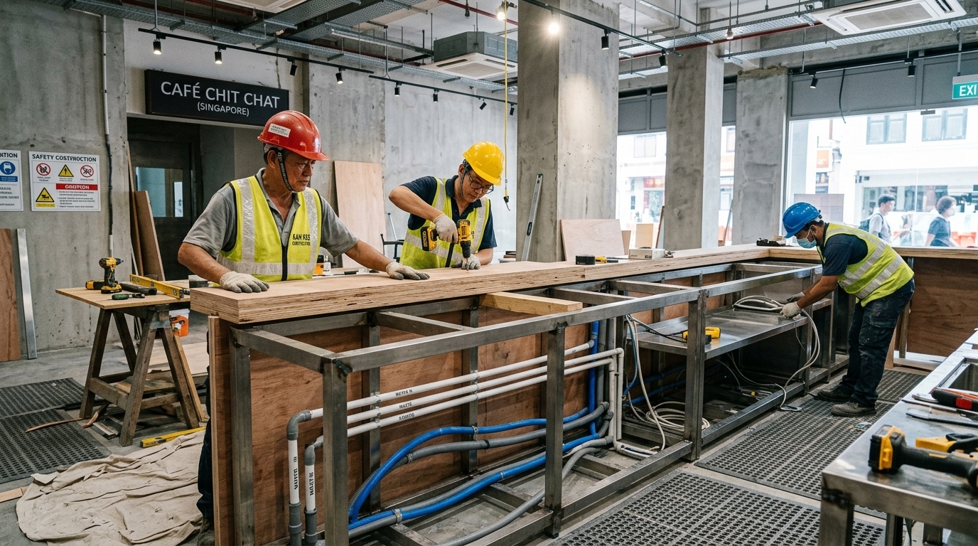 Commercial contractors building custom cafe espresso bar counter with steel frame and plumbing Singapore