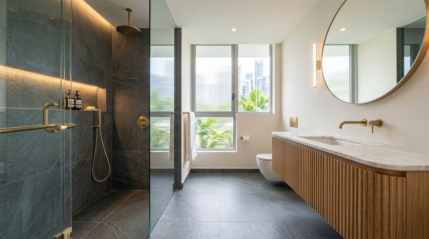 Pristine finished condo bathroom renovation handover in Singapore with brushed brass fixtures fluted oak vanity and recessed LED niche