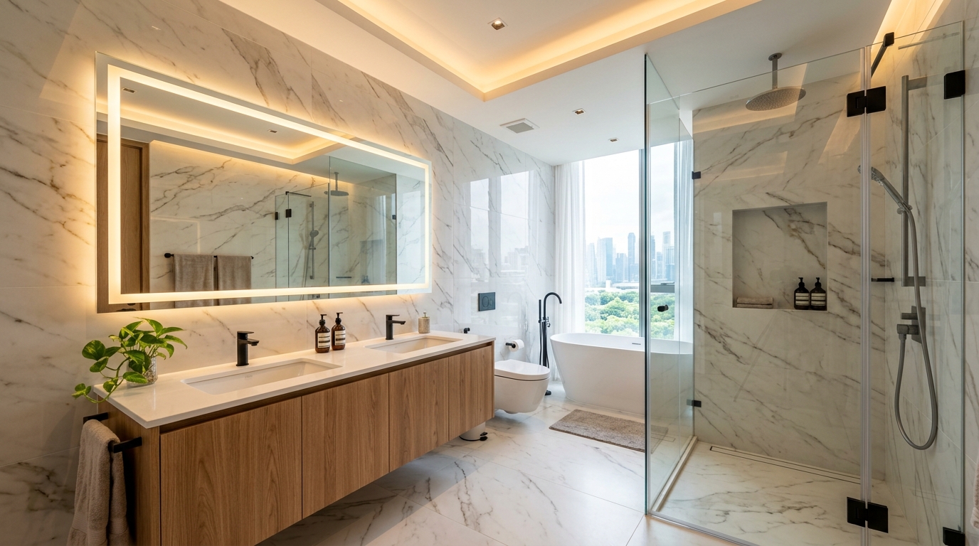 Modern luxury condo bathroom renovation in Singapore with marble porcelain tiles floating double vanity and walk-in rain shower