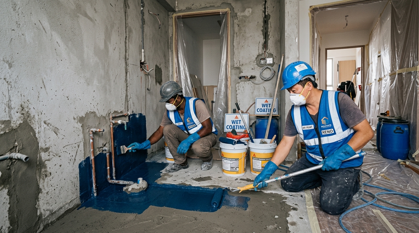 Professional contractor applying liquid waterproofing membrane and cement screed to condo bathroom floor in Singapore