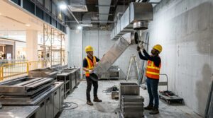 Licensed commercial contractors dismantling kitchen exhaust ductwork for F&B reinstatement in Singapore