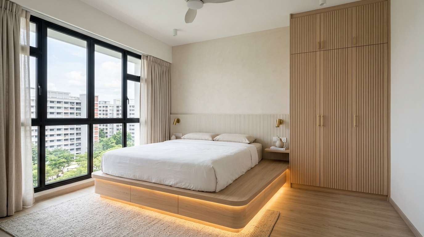 Completed HDB Plus master bedroom renovation with built in platform bed and fluted wardrobe