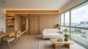 HDB Plus and Prime flat living room renovation with custom fluted carpentry in Singapore