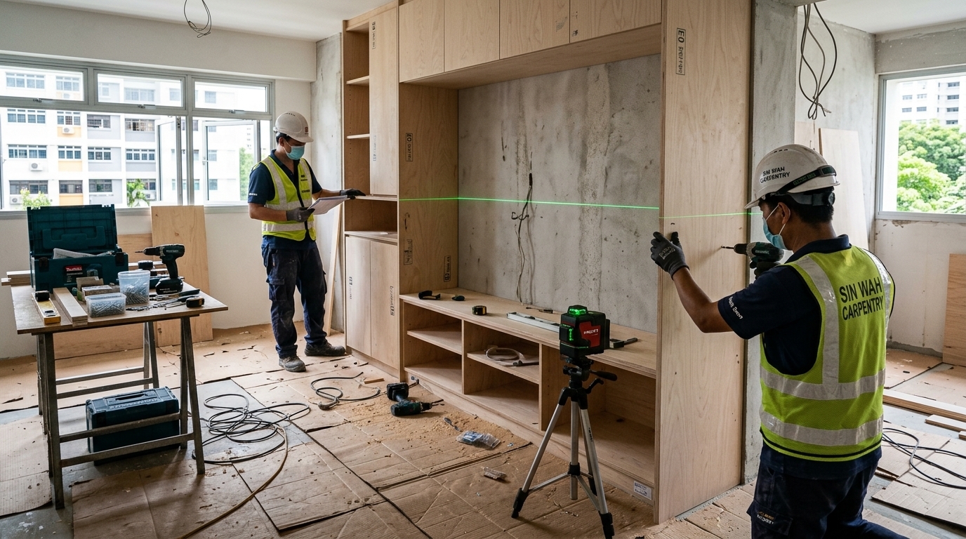 Direct contractor carpenters installing E0 plywood custom cabinetry in Singapore HDB apartment