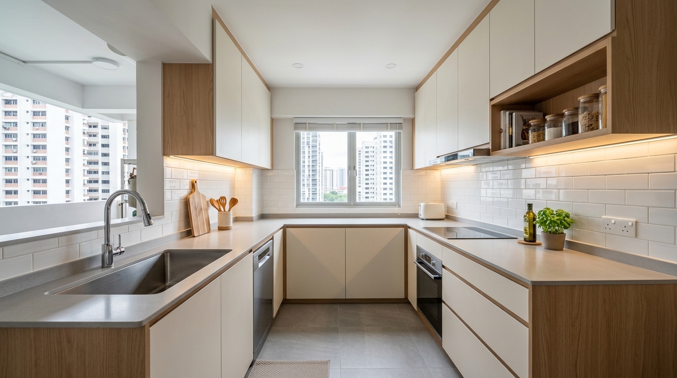 Modern HDB kitchen renovation with custom carpentry in Singapore