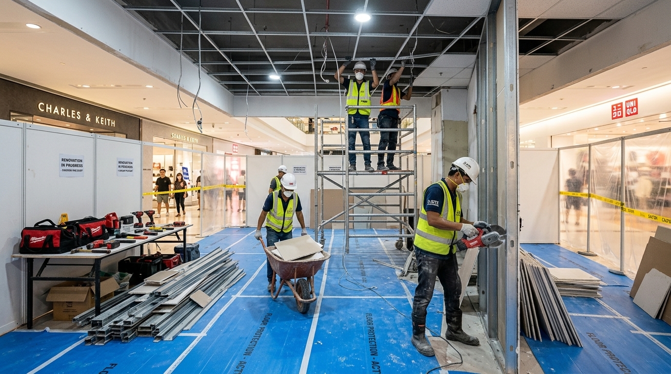 Commercial contractors dismantling retail drywall partitions and ceiling grid with floor protection in Singapore mall