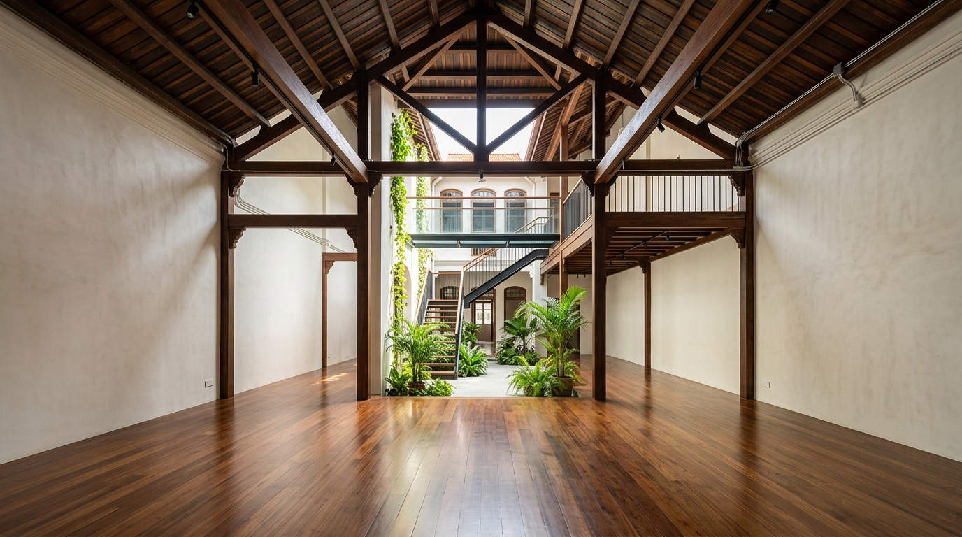 Pristine bare shell commercial shophouse reinstatement handover with polished timber floors lime washed walls and restored airwell