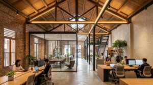 Renovated commercial conservation shophouse office interior in Tanjong Pagar Singapore with exposed brick lime plaster and timber trusses