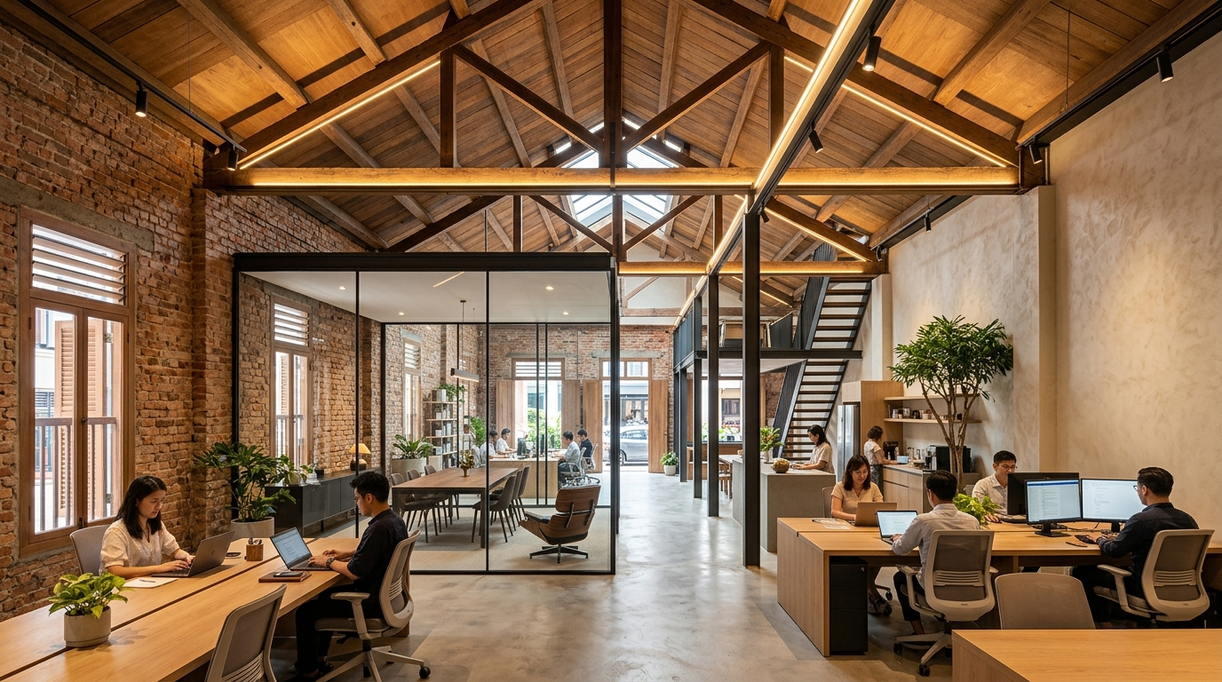 Renovated commercial conservation shophouse office interior in Tanjong Pagar Singapore with exposed brick lime plaster and timber trusses