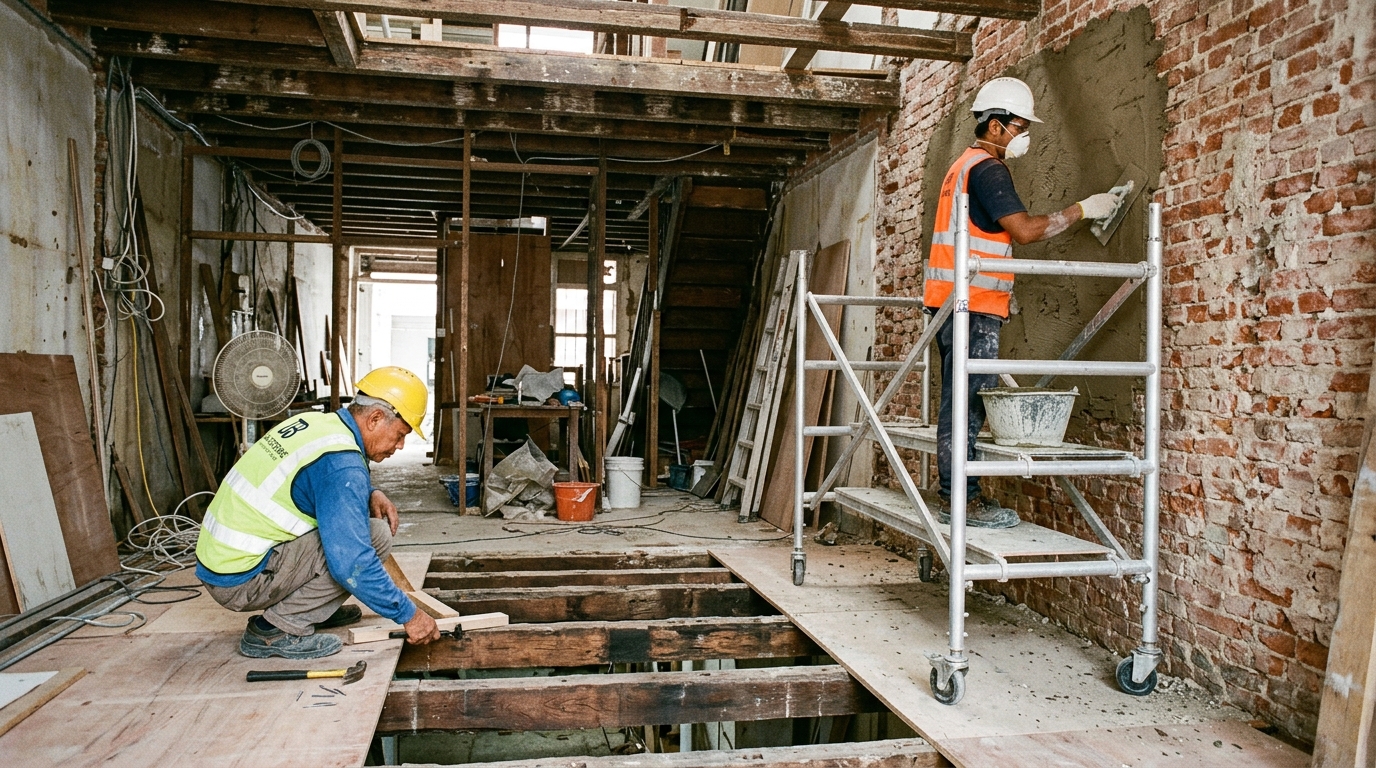 Contractors repairing timber floor joists and applying breathable lime plaster inside Singapore conservation shophouse
